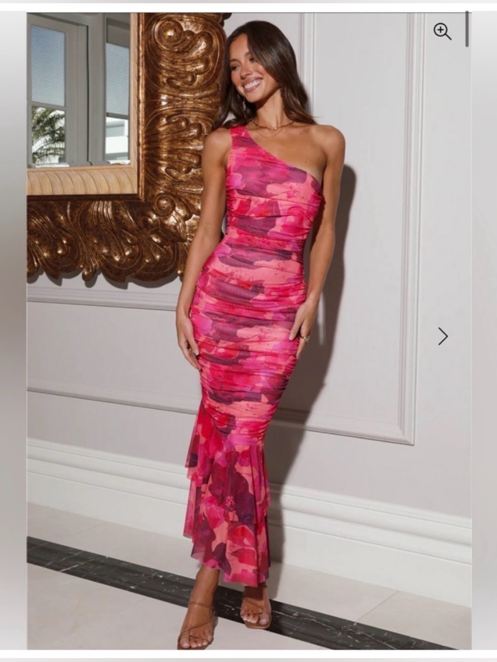 NWT Hello Molly Twilight Hour One Shoulder Mesh Maxi Dress Pink